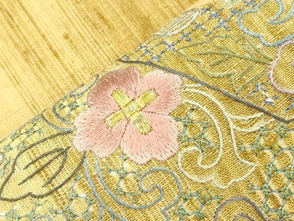 平和屋着物●中国三大刺繍　スワトウ刺繍　相良刺繍　総刺繍　九寸名古屋帯　紬地　幾何学花文　金糸　正絹　逸品　CABI7227dy