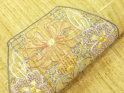 平和屋着物●中国三大刺繍　スワトウ刺繍　相良刺繍　総刺繍　九寸名古屋帯　紬地　幾何学花文　金糸　正絹　逸品　CABI7227dy