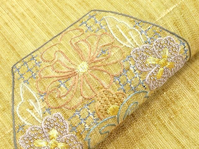 平和屋着物●中国三大刺繍　スワトウ刺繍　相良刺繍　総刺繍　九寸名古屋帯　紬地　幾何学花文　金糸　正絹　逸品　CABI7227dy
