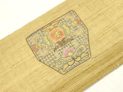 平和屋着物●中国三大刺繍　スワトウ刺繍　相良刺繍　総刺繍　九寸名古屋帯　紬地　幾何学花文　金糸　正絹　逸品　CABI7227dy