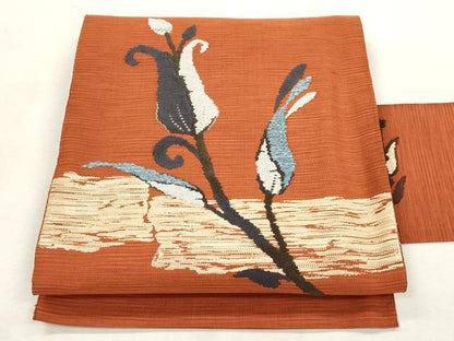 平和屋着物●綴れ　八寸名古屋帯　草花文　金糸　名古屋仕立て　正絹　逸品　CABI7230dy