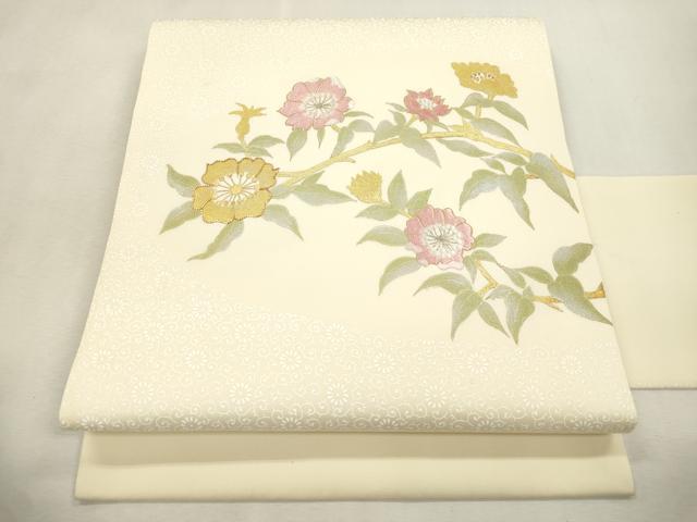 平和屋着物●塩瀬　九寸名古屋帯　駒刺繍　枝花文　金彩　正絹　逸品　CABI7232dy