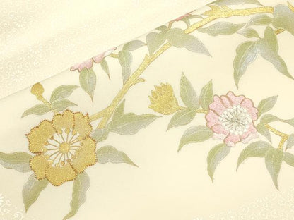 平和屋着物●塩瀬　九寸名古屋帯　駒刺繍　枝花文　金彩　正絹　逸品　CABI7232dy