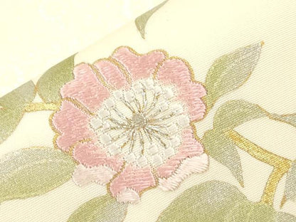 平和屋着物●塩瀬　九寸名古屋帯　駒刺繍　枝花文　金彩　正絹　逸品　CABI7232dy
