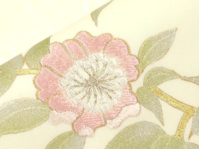 平和屋着物●塩瀬　九寸名古屋帯　駒刺繍　枝花文　金彩　正絹　逸品　CABI7232dy