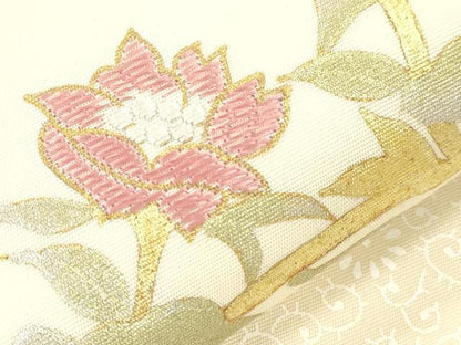 平和屋着物●塩瀬　九寸名古屋帯　駒刺繍　枝花文　金彩　正絹　逸品　CABI7232dy