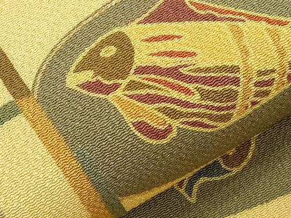 平和屋着物●全通柄九寸名古屋帯　古代ちりめん　色紙重ね　魚　鬼しぼ縮緬　正絹　逸品　CABI7243dy