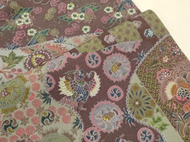 平和屋着物●全通柄九寸名古屋帯　作家物　更紗花鳥文　鬼しぼ縮緬　正絹　逸品　CABI7245dy