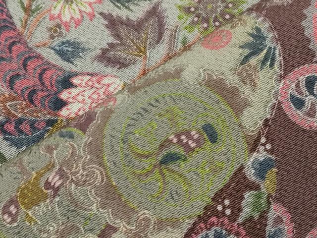 平和屋着物●全通柄九寸名古屋帯　作家物　更紗花鳥文　鬼しぼ縮緬　正絹　逸品　CABI7245dy
