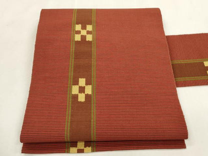 平和屋着物●沖縄県伝統工芸品　八重山ミンサー　手織り　八寸名古屋帯　幾何学間道　綿　逸品　CABI7252dy