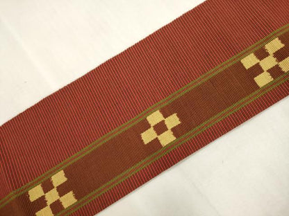 平和屋着物●沖縄県伝統工芸品　八重山ミンサー　手織り　八寸名古屋帯　幾何学間道　綿　逸品　CABI7252dy