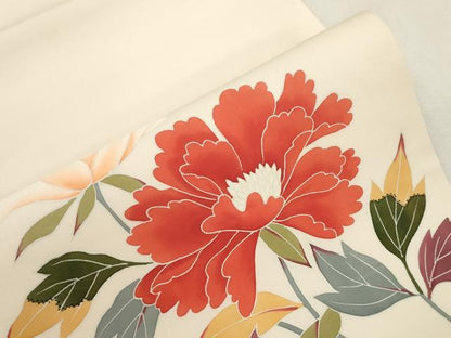 平和屋着物●塩瀬　九寸開き名古屋帯　友禅　作家物　草花文　正絹　逸品　CABI7256dy