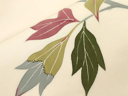 平和屋着物●塩瀬　九寸開き名古屋帯　友禅　作家物　草花文　正絹　逸品　CABI7256dy