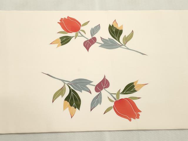 平和屋着物●塩瀬　九寸開き名古屋帯　友禅　作家物　草花文　正絹　逸品　CABI7256dy
