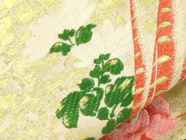 平和屋着物●アンティーク　大正ロマン　九寸名古屋帯　唐織　地紙尾長鳥花文　金糸　正絹　逸品　CABI7257dy
