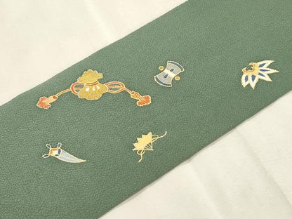 平和屋着物●九寸名古屋帯　宝尽くし文　金彩　鬼しぼ縮緬　正絹　逸品　CABI7259dy