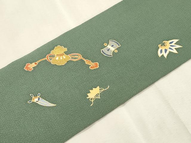 平和屋着物●九寸名古屋帯　宝尽くし文　金彩　鬼しぼ縮緬　正絹　逸品　CABI7259dy