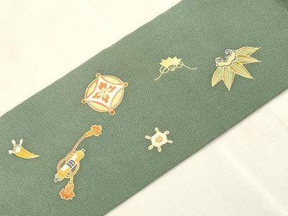 平和屋着物●九寸名古屋帯　宝尽くし文　金彩　鬼しぼ縮緬　正絹　逸品　CABI7259dy