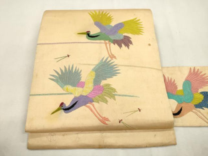 平和屋着物●アンティーク　大正ロマン　九寸名古屋帯　総手刺繍　飛鶴文　正絹　逸品　CABI7263dy