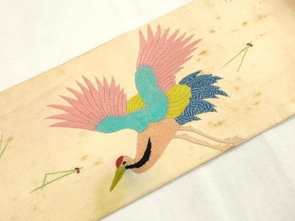 平和屋着物●アンティーク　大正ロマン　九寸名古屋帯　総手刺繍　飛鶴文　正絹　逸品　CABI7263dy