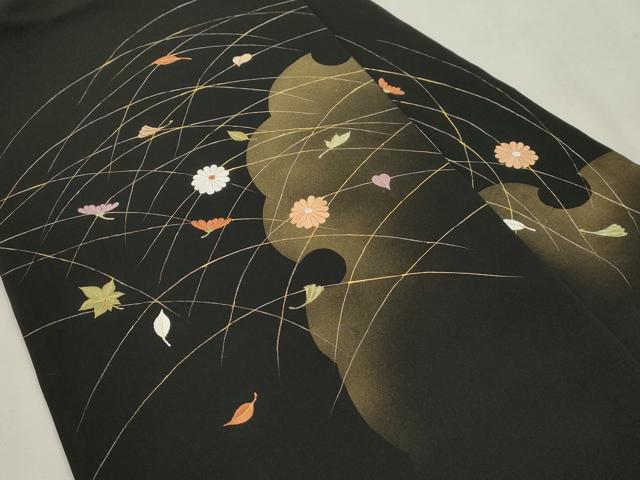 平和屋着物●塩瀬　九寸名古屋帯　刺繍　雪輪草花文　黒地　金彩　正絹　逸品　CABI7266dy