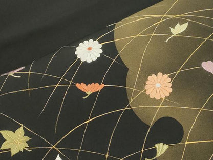 平和屋着物●塩瀬　九寸名古屋帯　刺繍　雪輪草花文　黒地　金彩　正絹　逸品　CABI7266dy