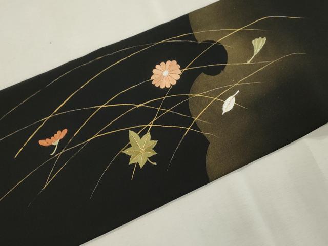 平和屋着物●塩瀬　九寸名古屋帯　刺繍　雪輪草花文　黒地　金彩　正絹　逸品　CABI7266dy