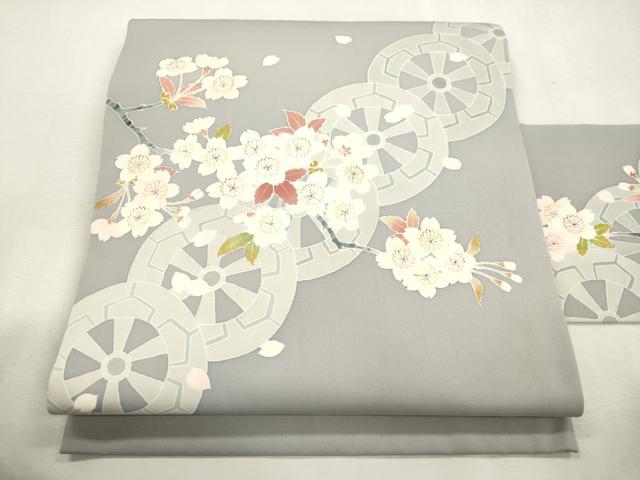 平和屋着物●塩瀬　九寸名古屋帯　片輪車枝花文　金彩　正絹　逸品　CABI7268dy