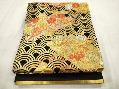 平和屋着物●希少　だらり帯　芸姑　舞妓　唐織　筏花文　黒地　金糸　正絹　逸品　CABI7269dy