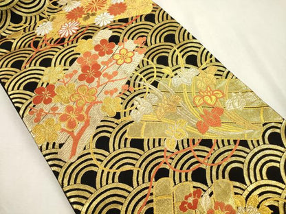 平和屋着物●希少　だらり帯　芸姑　舞妓　唐織　筏花文　黒地　金糸　正絹　逸品　CABI7269dy