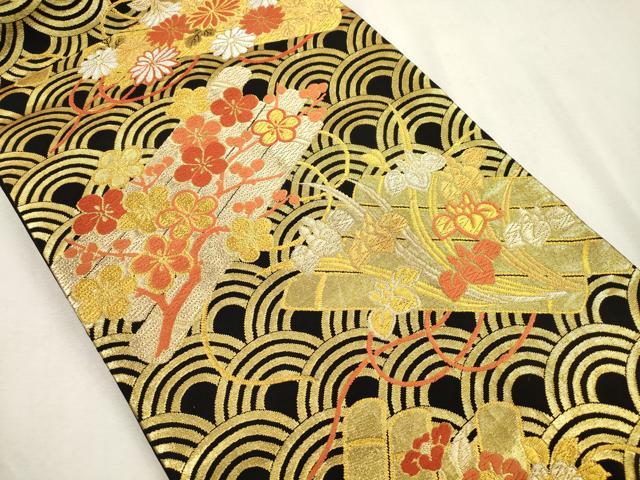 平和屋着物●希少　だらり帯　芸姑　舞妓　唐織　筏花文　黒地　金糸　正絹　逸品　CABI7269dy