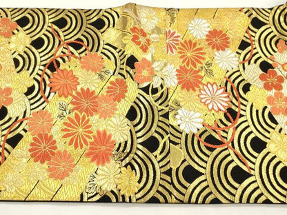 平和屋着物●希少　だらり帯　芸姑　舞妓　唐織　筏花文　黒地　金糸　正絹　逸品　CABI7269dy