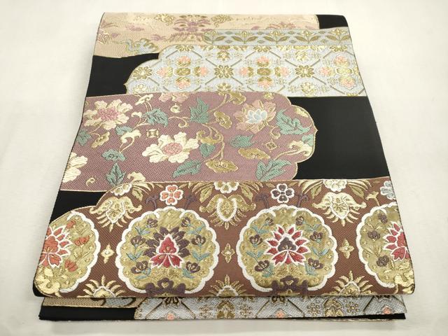 平和屋着物●六通柄袋帯　唐織　印華宝飾　黒地　金糸　正絹　逸品　CABI7273dy