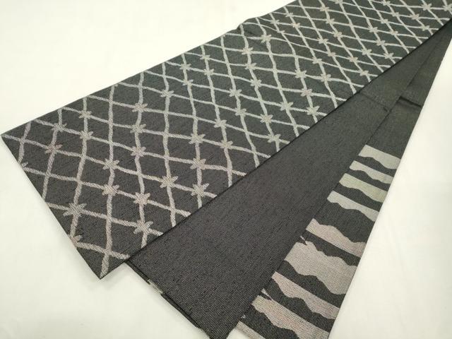平和屋着物●六通柄袋帯　菱文　黒地　銀糸　正絹　逸品　CABI7281dy