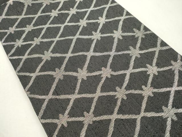 平和屋着物●六通柄袋帯　菱文　黒地　銀糸　正絹　逸品　CABI7281dy