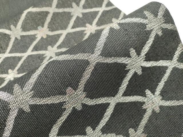 平和屋着物●六通柄袋帯　菱文　黒地　銀糸　正絹　逸品　CABI7281dy