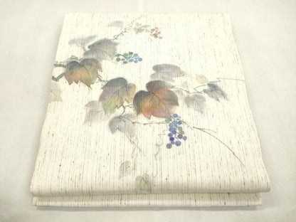 平和屋着物●九寸開き名古屋帯　作家物　ぜんまい紬　手描き　葡萄蔦の葉文　正絹　逸品　CABI7286dy