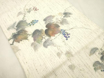 平和屋着物●九寸開き名古屋帯　作家物　ぜんまい紬　手描き　葡萄蔦の葉文　正絹　逸品　CABI7286dy