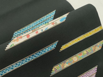 平和屋着物●太鼓柄袋帯　横段文　黒地　正絹　逸品　CABI7288dy
