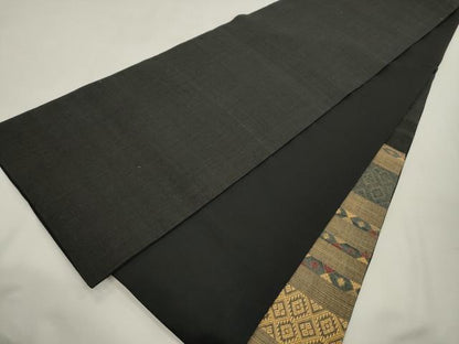 平和屋着物●太鼓柄袋帯　紬地　幾何学文　黒地　正絹　逸品　CABI7293dy