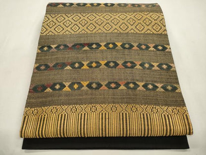 平和屋着物●太鼓柄袋帯　紬地　幾何学文　黒地　正絹　逸品　CABI7293dy