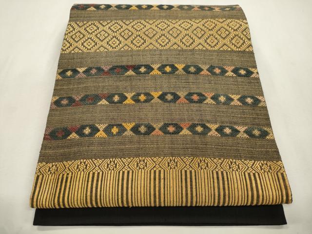 平和屋着物●太鼓柄袋帯　紬地　幾何学文　黒地　正絹　逸品　CABI7293dy