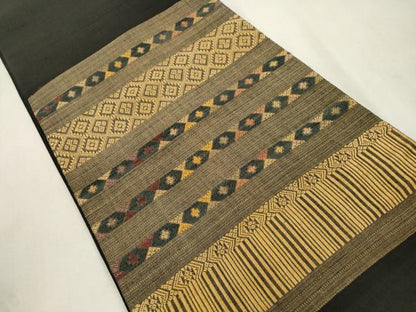 平和屋着物●太鼓柄袋帯　紬地　幾何学文　黒地　正絹　逸品　CABI7293dy