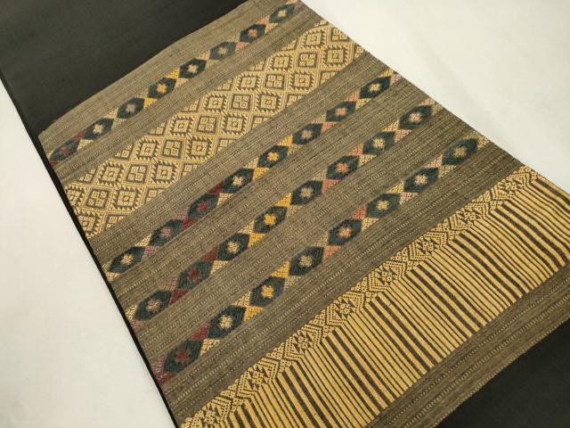 平和屋着物●太鼓柄袋帯　紬地　幾何学文　黒地　正絹　逸品　CABI7293dy