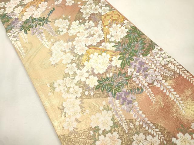 平和屋着物●六通柄袋帯　唐織　扇面草花文　金糸　正絹　逸品　CABI7307dy