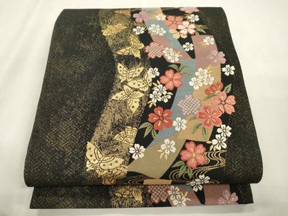 平和屋着物●六通柄袋帯　唐織　短冊花蝶文　黒地　金糸　正絹　逸品　CABI7308dy