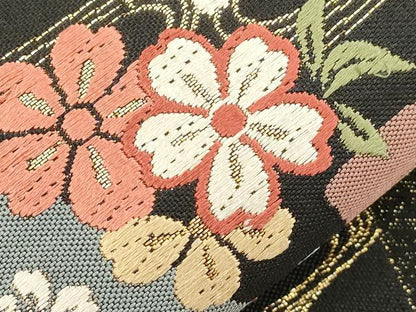 平和屋着物●六通柄袋帯　唐織　短冊花蝶文　黒地　金糸　正絹　逸品　CABI7308dy