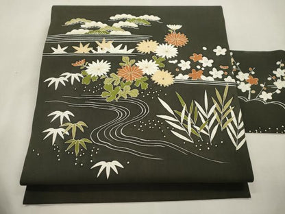 平和屋着物●塩瀬　九寸名古屋帯　松竹梅花文　黒地　正絹　逸品　CABI7313dy