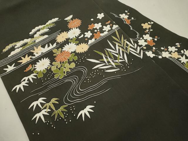 平和屋着物●塩瀬　九寸名古屋帯　松竹梅花文　黒地　正絹　逸品　CABI7313dy