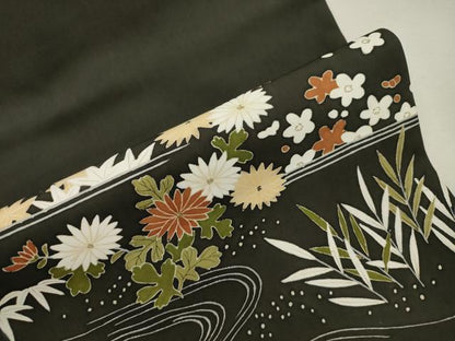 平和屋着物●塩瀬　九寸名古屋帯　松竹梅花文　黒地　正絹　逸品　CABI7313dy
